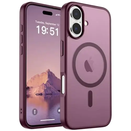 SUPFINE iPhone 17 uchun magnitli g'ilof (MagSafe bilan mos keladi) (Harbiy darajadagi tushishdan himoya) Yarim shaffof mato, barmoq izlariga qarshi telefon qopqog'i 2025, sharob rangi 