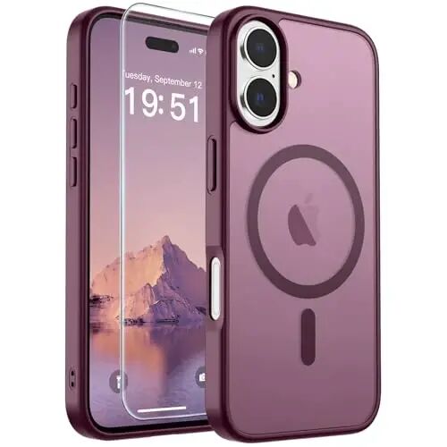 SUPFINE iPhone 17 uchun magnitli g'ilof (MagSafe bilan mos keladi) (Harbiy darajadagi tushishdan himoya) Yarim shaffof mato, barmoq izlariga qarshi telefon qopqog'i 2025, sharob rangi 