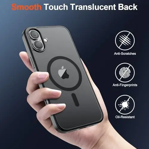 SUPFINE iPhone 17 uchun magnitli g‘ilof (MagSafe bilan mos keladi) (Harbiy standartga mos tushishdan himoya) Yarim shaffof mato, barmoq izlariga qarshi telefon qopqog‘i, qora - 6