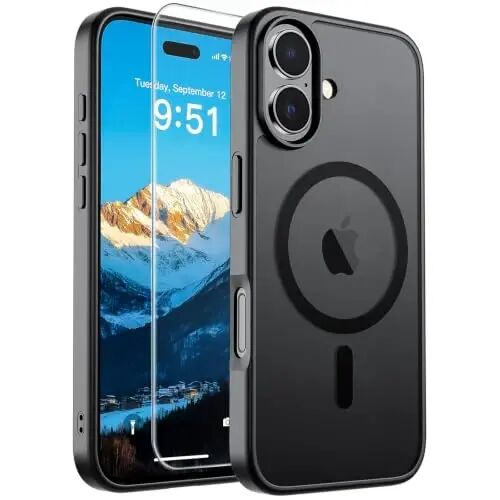 SUPFINE iPhone 17 uchun magnitli g‘ilof (MagSafe bilan mos keladi) (Harbiy standartga mos tushishdan himoya) Yarim shaffof mato, barmoq izlariga qarshi telefon qopqog‘i, qora 