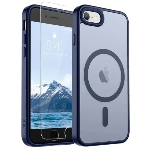 SUPFINE iPhone SE 2022 (3-avlod)/2020 (2-avlod) magnitli g‘ilofi, iPhone 8 g‘ilofi (MagSafe bilan mos keladi) (Harbiy darajadagi tushishdan himoya) Yupqa yarim shaffof matli telefon g‘ilofi, to‘q ko‘k 