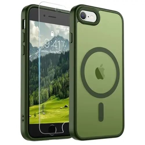SUPFINE Magnetic for iPhone SE Case 2022 (3rd)/2020 (2nd), iPhone 8 Case (Compatible with MagSafe) (Military Grade Drop Protection) Slim Translucent Matte Phone Case, Cangling Green 