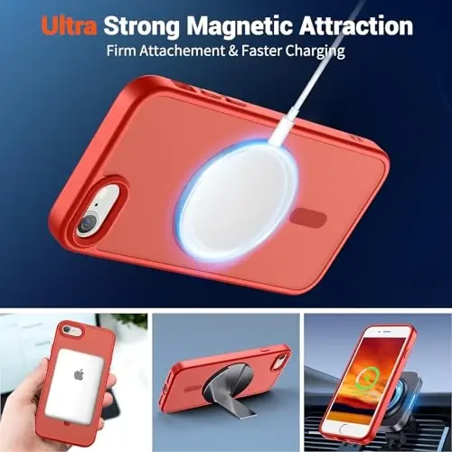 SUPFINE Magnetic for iPhone SE Case 2022 (3rd)/2020 (2nd), iPhone 8 Case (Compatible with MagSafe) (Military Grade Drop Protection) Slim Translucent Matte Phone Case,Red - 5