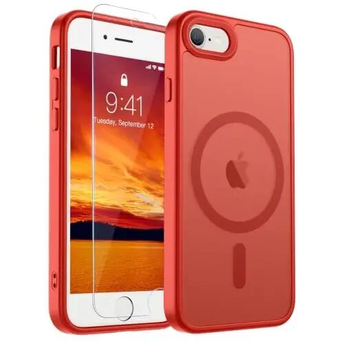SUPFINE Magnetic for iPhone SE Case 2022 (3rd)/2020 (2nd), iPhone 8 Case | With Screen Protector, Translucent Matte, Compatible with MagSafe, Military Grade Drop Proof, Red 