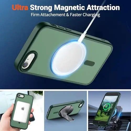SUPFINE Magnetic for iPhone SE Case 2022 (3rd)/2020 (2nd), iPhone 8 Case (Compatible with MagSafe) (Military Grade Drop Protection) Slim Translucent Matte Phone Case, Forest Green - 5