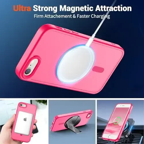 SUPFINE Magnetic for iPhone SE Case 2022 (3rd)/2020 (2nd), iPhone 8 Case (Compatible with MagSafe) (Military Grade Drop Protection) Slim Translucent Matte Phone Case, Hot Pink - 5