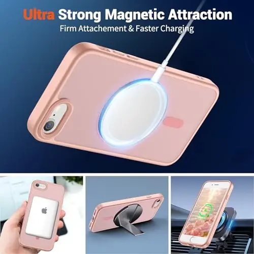 SUPFINE Magnetic for iPhone SE Case 2022 (3rd)/2020 (2nd), iPhone 8 Case (Compatible with MagSafe) (Military Grade Drop Protection) Translucent Matte Phone Cover,Pink - 5