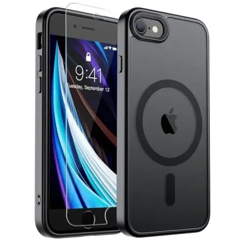 SUPFINE Magnetic for iPhone SE Case 2022 (3rd)/2020 (2nd), iPhone 8 Case | With Screen Protector, Translucent Matte, Compatible with MagSafe, Military Grade Drop Proof, Black 