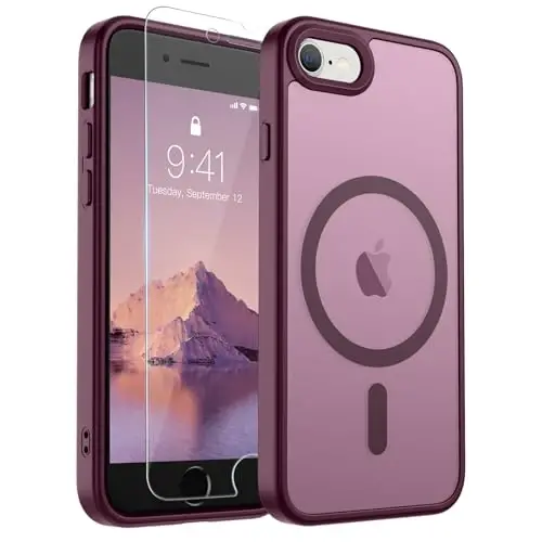 SUPFINE Magnetic for iPhone SE Case 2022 (3rd)/2020 (2nd), iPhone 8 Case with Screen Protector (Compatible with MagSafe) (Military Grade Drop Protection) Translucent Matte Phone Case, Wine Red - 1