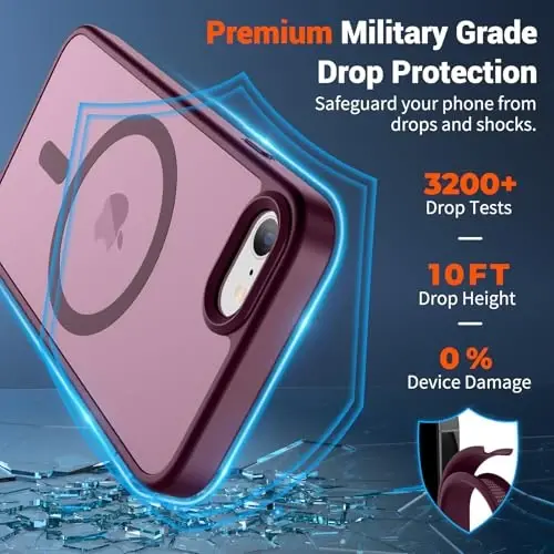 SUPFINE Magnetic for iPhone SE Case 2022 (3rd)/2020 (2nd), iPhone 8 Case with Screen Protector (Compatible with MagSafe) (Military Grade Drop Protection) Translucent Matte Phone Case, Wine Red - 3