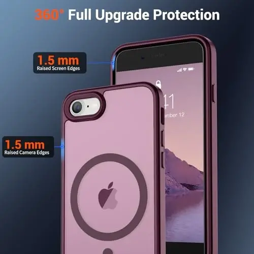 SUPFINE Magnetic for iPhone SE Case 2022 (3rd)/2020 (2nd), iPhone 8 Case with Screen Protector (Compatible with MagSafe) (Military Grade Drop Protection) Translucent Matte Phone Case, Wine Red - 4