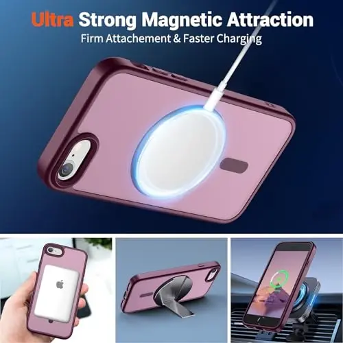 SUPFINE Magnetic for iPhone SE Case 2022 (3rd)/2020 (2nd), iPhone 8 Case with Screen Protector (Compatible with MagSafe) (Military Grade Drop Protection) Translucent Matte Phone Case, Wine Red - 5