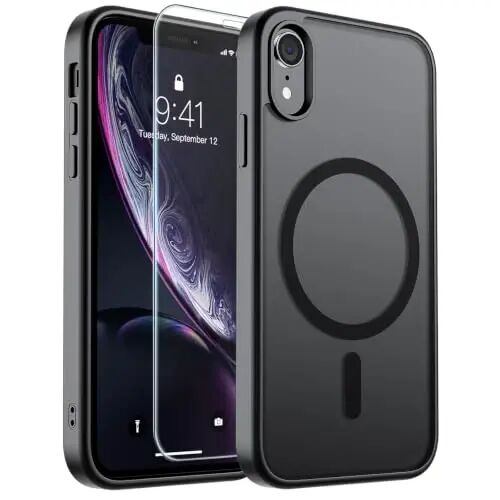SUPFINE Magnetic for iPhone XR Phone Case Black | With Screen Protector, Translucent Matte, Compatible with MagSafe, Military Grade Drop Proof, Rugged Shockproof Protective 