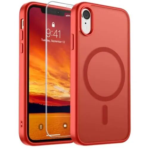 SUPFINE Magnetic for iPhone XR Phone Case Red | With Screen Protector, Translucent Matte, Compatible with MagSafe, Military Grade Drop Proof, Rugged Shockproof Protective 