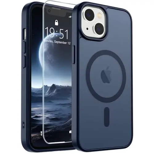 SUPFINE Magnetic чехол для iPhone 15 Plus и iPhone 14 Plus с защитной пленкой (совместим с MagSafe) (защита от падений военного класса), полупрозрачный противоударный чехол, темно-синий 
