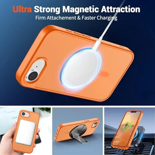 SUPFINE Magnetic чехол для iPhone 17e / iPhone 16e с защитой экрана (совместим с MagSafe) (защита от падений военного класса) Полупрозрачный матовый ударопрочный чехол для телефона, Звездный оранжевый - 5