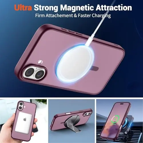 SUPFINE Magnetic для iPhone 16 Plus (совместим с MagSafe) (военный класс защиты от падения с высоты 3 м), тонкий полупрозрачный матовый противоударный чехол с защитой от отпечатков пальцев, винно-красный - 4