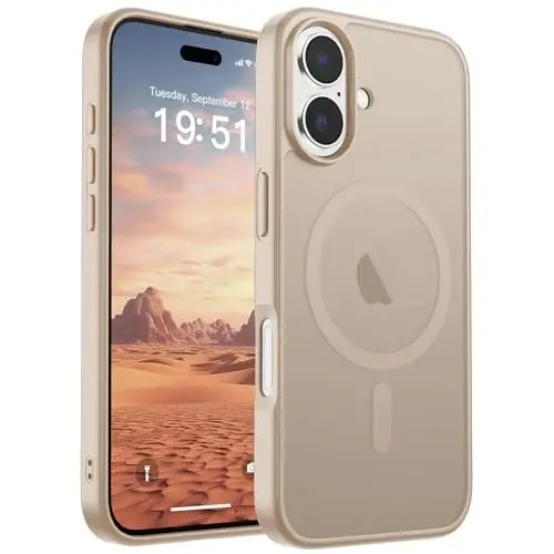 SUPFINE Magnetic для iPhone 17 (совместим с MagSafe) (армейский класс защиты от падений), полупрозрачный матовый ударопрочный чехол с защитой от отпечатков пальцев, цвет «пустынное золото» 