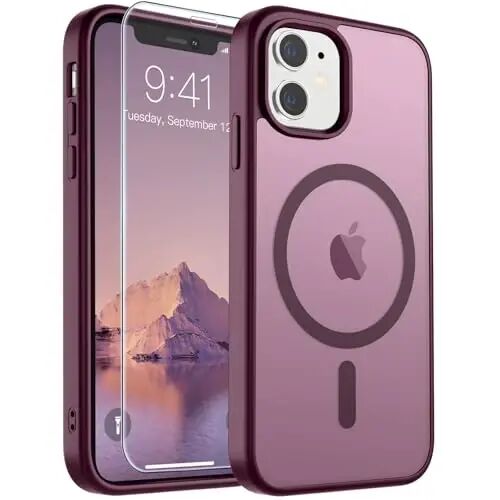 SUPFINE Magnetic for iPhone 11 Phone Case (MagSafe bilan mos)(Harbiy darajadagi tushishdan himoya) Yarim shaffof mato zarbga chidamli telefon qutisi, to'q qizil 