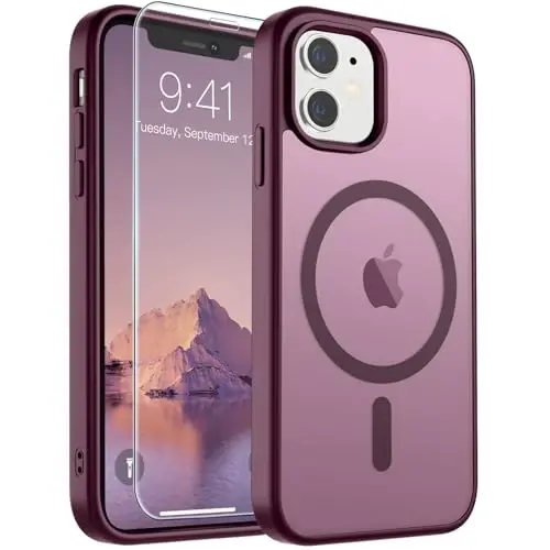 SUPFINE Magnetic for iPhone 11 Phone Case (MagSafe bilan mos)(Harbiy darajadagi tushishdan himoya) Yarim shaffof mato zarbga chidamli telefon qutisi, to'q qizil - 1