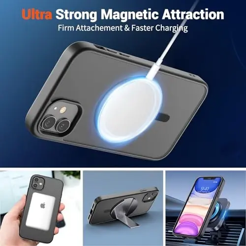 SUPFINE Magnetic for iPhone 11 Phone Case(MagSafe bilan mos)(Harbiy darajadagi tushishdan himoya) Yarim shaffof mat zarbga chidamli telefon qopqog'i, Qora - 4