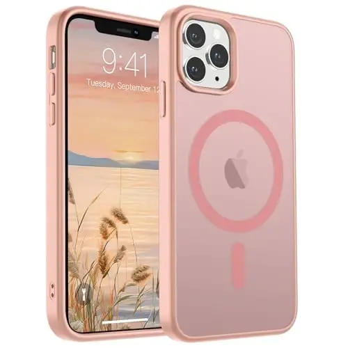 SUPFINE Magnetic for iPhone 11 Pro Max Case (MagSafe bilan mos) (Harbiy darajadagi tushishdan himoya) Yupqa shaffof mat zarba o'tkazmaydigan barmoq izlariga qarshi telefon g'ilofi, pushti 