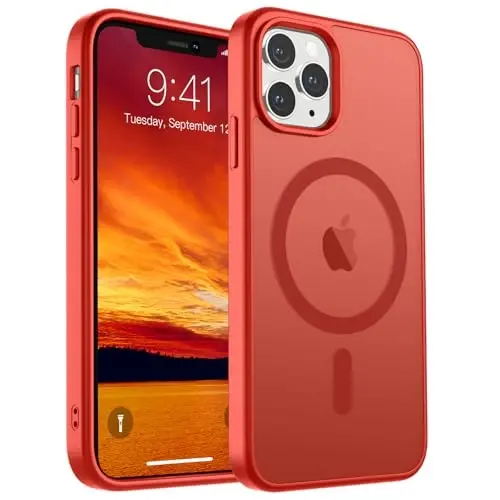 SUPFINE Magnetic for iPhone 11 Pro Max Case (MagSafe bilan mos) (Harbiy darajadagi tushishdan himoya) Yupqa shaffof matli zarbga chidamli barmoq izlariga qarshi telefon qutisi, qizil - 1