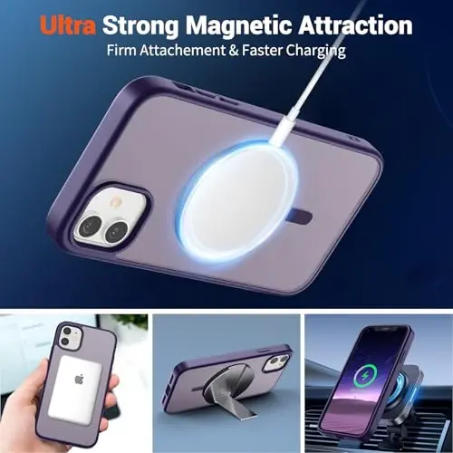 SUPFINE Magnetic for iPhone 12 Case/iPhone 12 Pro Case (MagSafe bilan mos)(Harbiy darajadagi tushishdan himoya) Shaffof mat zarba o'tkazmaydigan telefon qopqog'i, To'q binafsha - 5