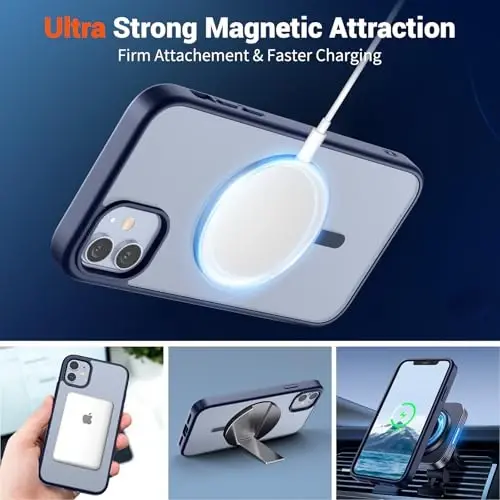 SUPFINE Magnetic for iPhone 12 Case/iPhone 12 Pro Case (MagSafe bilan mos)(Harbiy darajadagi tushishdan himoya) Yengil yarim shaffof mato zarbga chidamli barmoq izlariga qarshi telefon qutisi,to'q ko'k - 5
