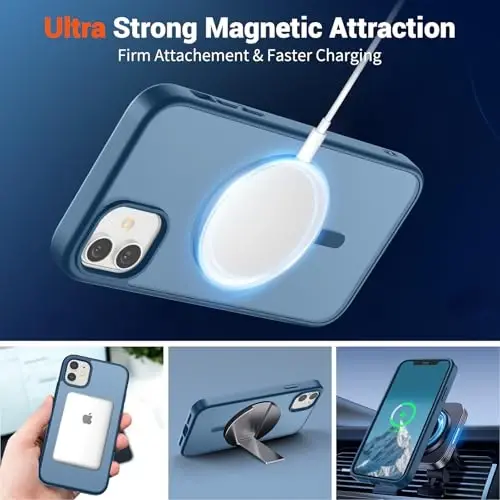 SUPFINE Magnetic for iPhone 12 Case/iPhone 12 Pro Case (MagSafe bilan mos)(Harbiy darajadagi tushishdan himoya) Yupqa yarim shaffof mat zarbga chidamli barmoq izlariga qarshi telefon qutisi, to'q ko'k - 4