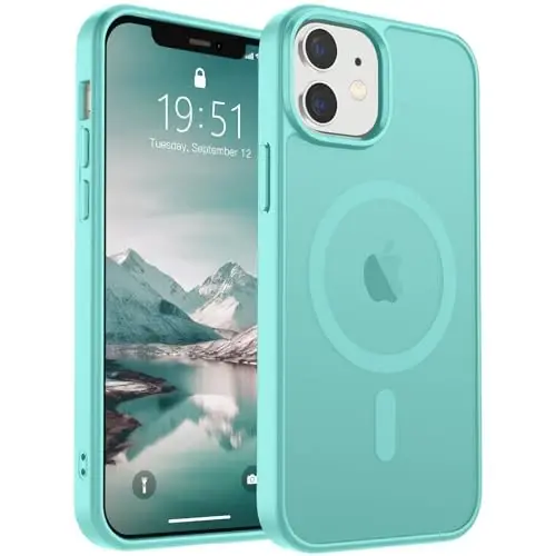 SUPFINE Magnetic for iPhone 12 Case/iPhone 12 Pro Case (MagSafe bilan mos)(Harbiy darajadagi tushishdan himoya) Yupqa yarim shaffof mato zarbga chidamli barmoq izlariga qarshi telefon qutisi, Moviy Yashil 