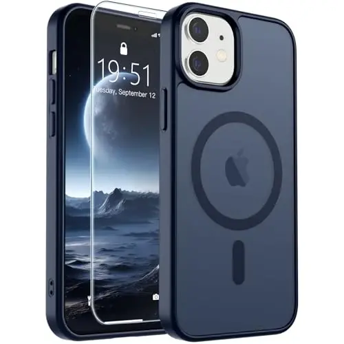 SUPFINE Magnetic for iPhone 12 Case/iPhone 12 Pro Case with Screen Protector (Compatible with MagSafe)(Military Grade Drop Protection) Translucent Matte Shockproof Phone Cover,Dark Blue - 1