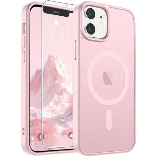 SUPFINE Magnetic for iPhone 12 Case/iPhone 12 Pro Case with Screen Protector (Compatible with MagSafe)(Military Grade Drop Protection) Translucent Matte Shockproof Phone Cover,Light Pink 