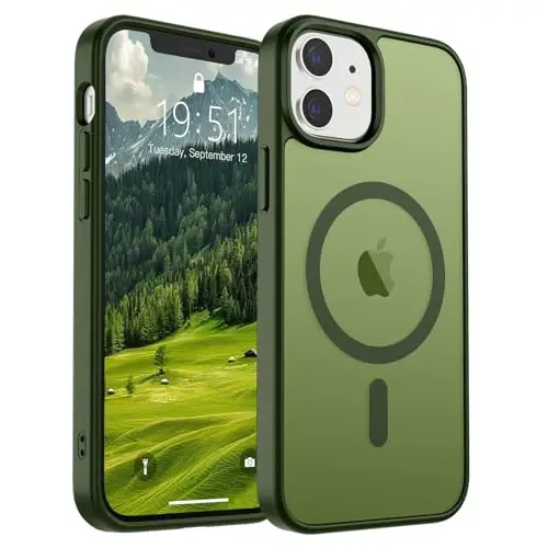 SUPFINE Magnetic for iPhone 12 Mini Case & iPhone 13 Mini Case (Compatible with MagSafe) (Military Grade Drop Protection) Slim Translucent Matte Shockproof Phone Cover,Cangling Green 
