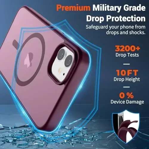SUPFINE Magnetic for iPhone 12 Mini Case & iPhone 13 Mini Case (Compatible with MagSafe) (Military Grade Drop Protection) Slim Translucent Matte Shockproof Phone Cover,Wine Red - 3