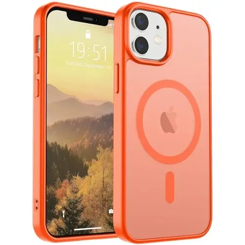 SUPFINE Magnetic for iPhone 12 Mini Case & iPhone 13 Mini Case (MagSafe bilan mos) (Harbiy darajadagi tushishdan himoya) Yupqa yarim shaffof mat zarba o'tkazmaydigan telefon qopqog'i, to'q sariq 