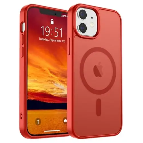 SUPFINE Magnetic for iPhone 12 Mini Case & iPhone 13 Mini Case (MagSafe bilan mos keladi) (Harbiy darajadagi tushishdan himoya) Yupqa yarim shaffof matli zarbga chidamli telefon qopqog'i, Qizil 