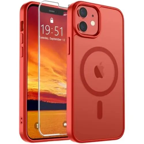 SUPFINE Magnetic for iPhone 12 Mini Case & iPhone 13 Mini Case (MagSafe bilan mos keladi) (Harbiy darajadagi tushishdan himoya) Yupqa yarim shaffof matli zarbga chidamli telefon qopqog'i, Qizil 