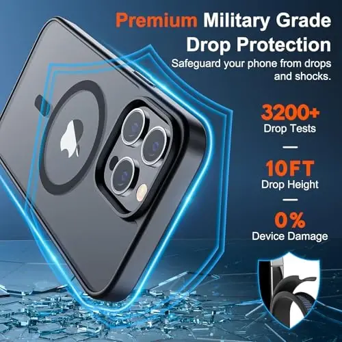 SUPFINE Magnetic for iPhone 12 Pro Max Case (MagSafe bilan mos) (Harbiy darajadagi tushishdan himoya) Yarim shaffof mat zarba o'tkazmaydigan telefon qutisi, qora - 3