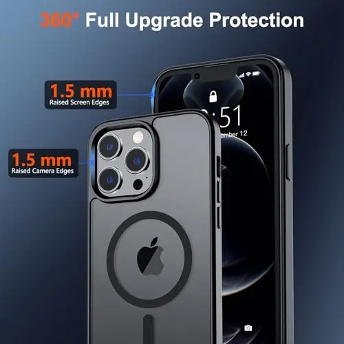 SUPFINE Magnetic for iPhone 12 Pro Max Case (MagSafe bilan mos) (Harbiy darajadagi tushishdan himoya) Yarim shaffof mat zarba o'tkazmaydigan telefon qutisi, qora - 4