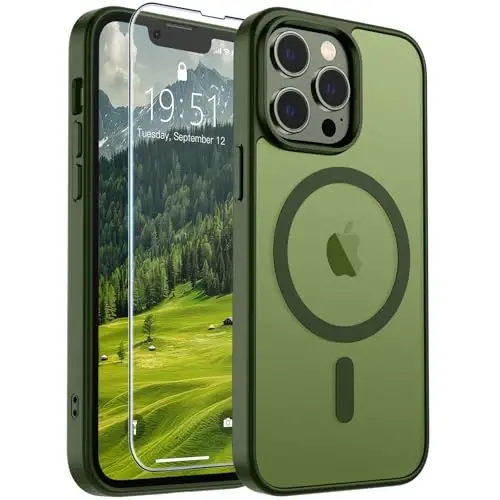 SUPFINE Magnetic for iPhone 13 Pro Case (Compatible with MagSafe) (Harbiy darajadagi tushishdan himoya) Yupqa yarim shaffof mato zarbga chidamli barmoq izlariga qarshi telefon qutisi, Cangling Green - 1