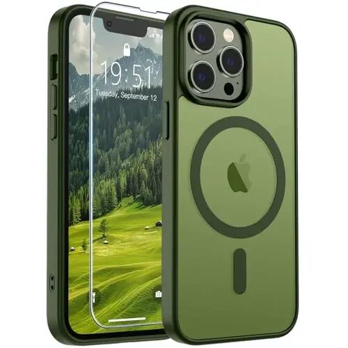 SUPFINE Magnetic for iPhone 13 Pro Case (Compatible with MagSafe) (Military Grade Drop Protection) Slim Translucent Matte Shockproof with Anti-Fingerprint Phone Case,Cangling Green 