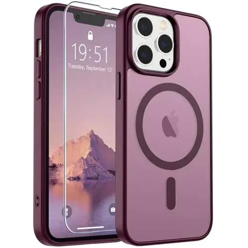 SUPFINE Magnetic for iPhone 13 Pro Case (Compatible with MagSafe) (Military Grade Drop Protection) Slim Translucent Matte Shockproof with Anti-Fingerprint Phone Case,Wine Red - 1