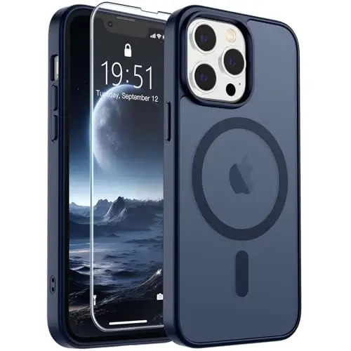 SUPFINE Magnetic for iPhone 13 Pro Max Case with Screen Protector (Compatible with MagSafe) (Military Grade Drop Protection) Translucent Matte Shockproof Phone Cover,Dark Blue (Ekran himoyachisi bilan, MagSafe mos, harbiy darajadagi himoya) Yarim shaffof matli zarbga chidamli telefon g‘ilofi, To‘q ko‘k. 
