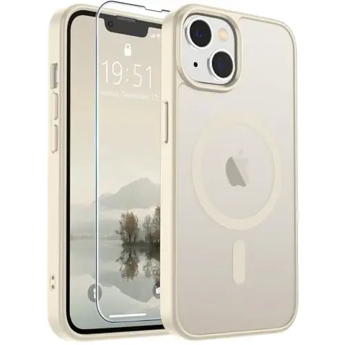 SUPFINE Magnetic for iPhone 14 Case & iPhone 13 Case (Compatible with MagSafe)(Military Grade Drop Protection) Slim Translucent Matte Shockproof Phone Cover,Antique White - 6