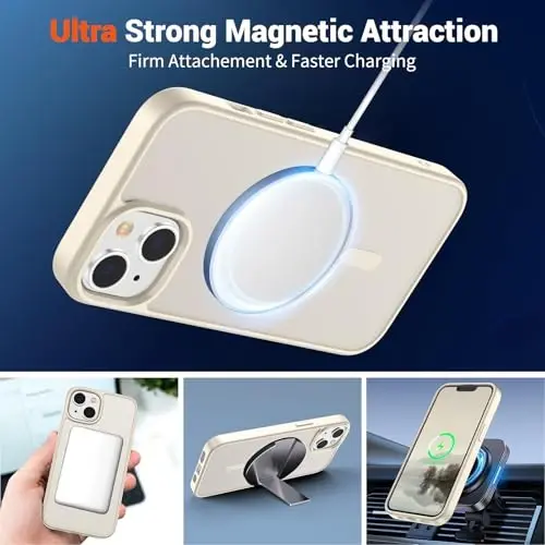SUPFINE Magnetic for iPhone 14 Case & iPhone 13 Case (Compatible with MagSafe)(Military Grade Drop Protection) Slim Translucent Matte Shockproof Phone Cover,Antique White - 5
