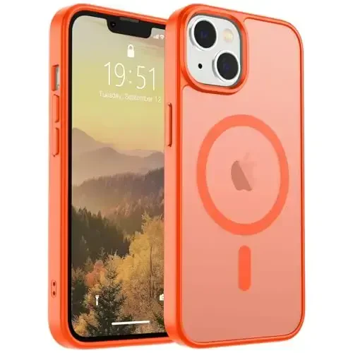 SUPFINE Magnetic for iPhone 14 Case & iPhone 13 Case (Compatible with MagSafe)(Military Grade Drop Protection) Slim Translucent Matte Shockproof with Anti-Fingerprint Phone Case,Orange 