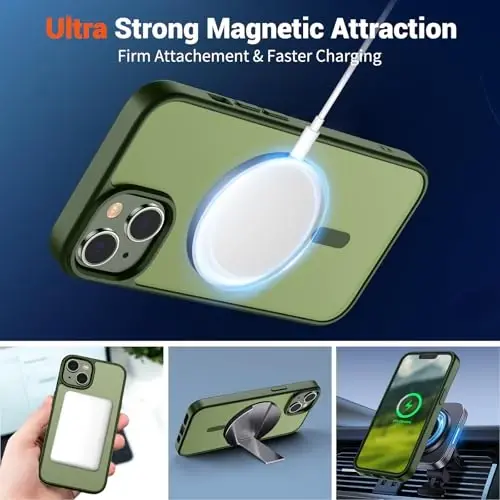 SUPFINE Magnetic for iPhone 14 Case & iPhone 13 Case (Compatible with MagSafe)(Military Grade Drop Protection) Translucent Matte Shockproof Phone Cover,Cangling Green - 5