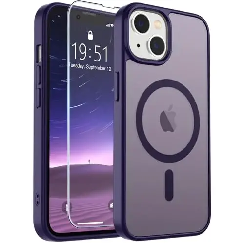 SUPFINE Magnetic for iPhone 14 Case & iPhone 13 Case (MagSafe bilan mos) (Harbiy darajadagi tushishdan himoya) Yupqa yarim shaffof mato zarbga chidamli telefon qopqog'i, to'q binafsha 