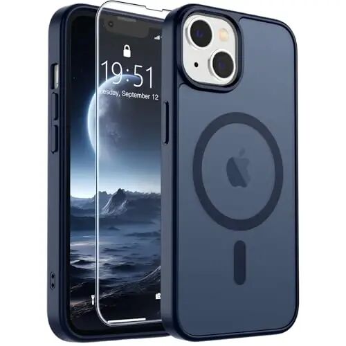 SUPFINE Magnetic for iPhone 14 Case & iPhone 13 Case (MagSafe bilan mos keladi) (Harbiy darajadagi tushishdan himoya) Yarim shaffof mat zarbga chidamli telefon g‘ilofi, To‘q ko‘k 